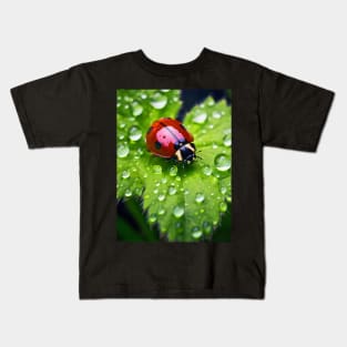 Ladybug on a leaf with morning dew Kids T-Shirt